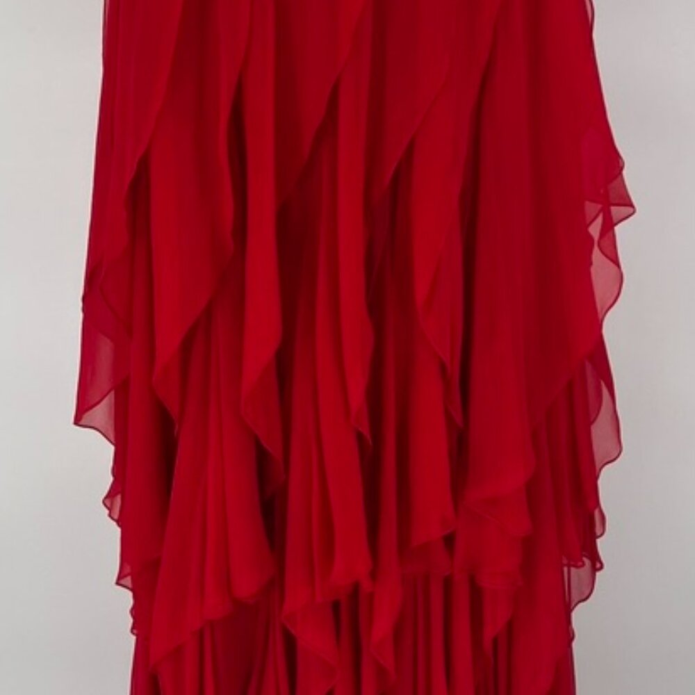VINTAGE Red Silk Chiffon Pleated Bodice Gown